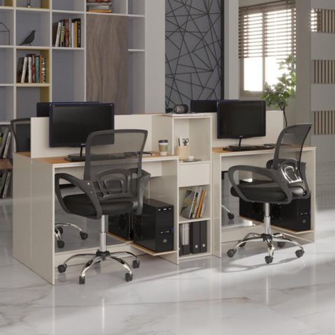 Estação de Trabalho 4 Lugares Office Noruega 4 Mesas 2 Armários - Via Nossa - Off White e Cedro