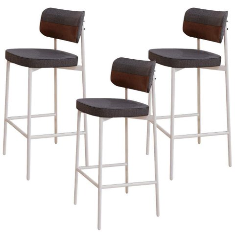 Kit 03 Banquetas Alta Bar Cozinha Sala de Jantar Aço Branco Kaira C01 Linho Preto Courino Whisky -