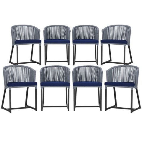 8 Cadeiras de Jantar Área Noronha em Alumínio com Pintura Preta Corda Náutica Estofado 10 Trama Orig