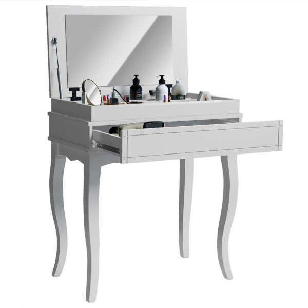 Penteadeira Escrivaninha Retro Branca Madeira Maciça com Espelho e 1 Gaveta - Libriane