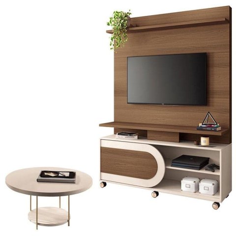 Estante Home Theater Òrbis Castanho Off White e Mesa de Centro Sky Off White- Hb Móveis