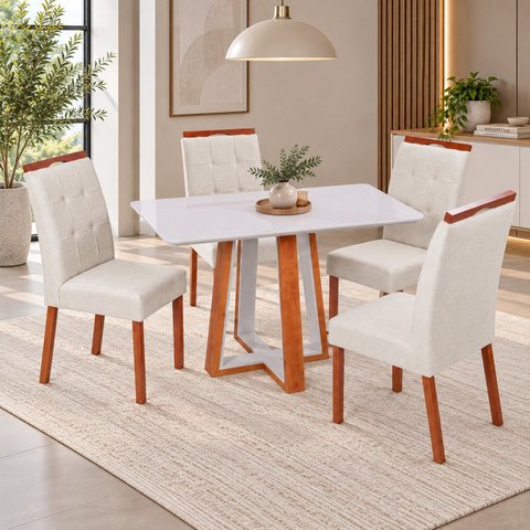 Conjunto Mesa Viena com 4 Cadeiras Madeira Maciça, Detalhe em Botonê e Estofada Espresso Moveis
