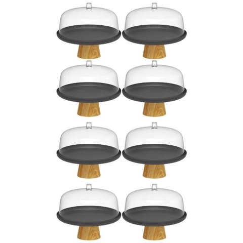Kit 8 Boleiras Prato para Bolo 25cm Cúpula Plástico Pé Bambu Tortas Padaria ou Lume Preto