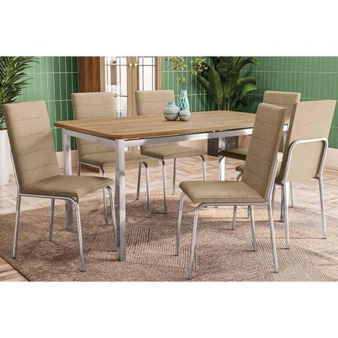 Conjunto Mesa de Cozinha Reno com Tampo de Madeira 160cm e 6 Cadeiras Amsterdã Cromada Capuccino