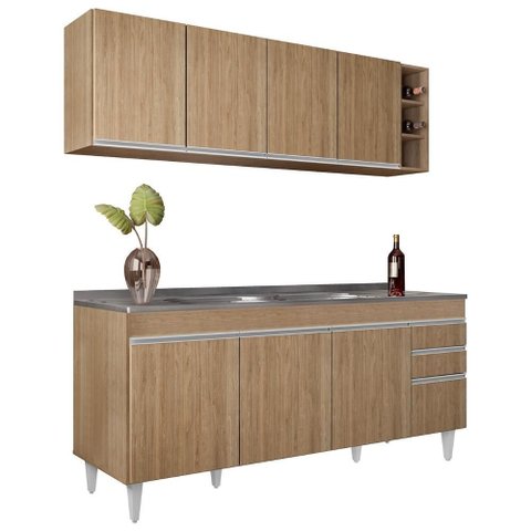 Armário Cozinha e Balcão com Pia 180cm Dallas Castanho - Lumil