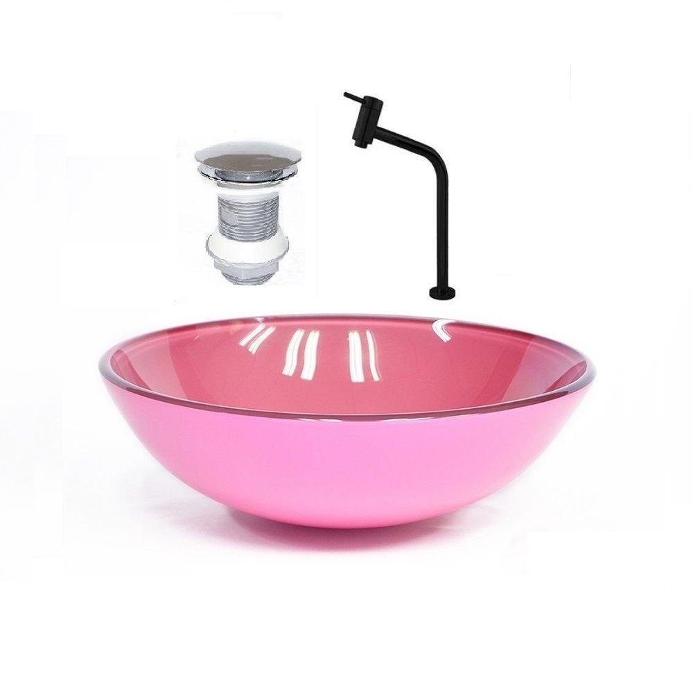 Cuba de Vidro Redonda 35cm Rosa + Valvula + Torneira Preta - 1