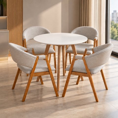 Conjunto Mesa Leda Tampo Redonda 90cm MDF Tx + 4 Cadeiras Estofadas em Linho Cinza-Claro