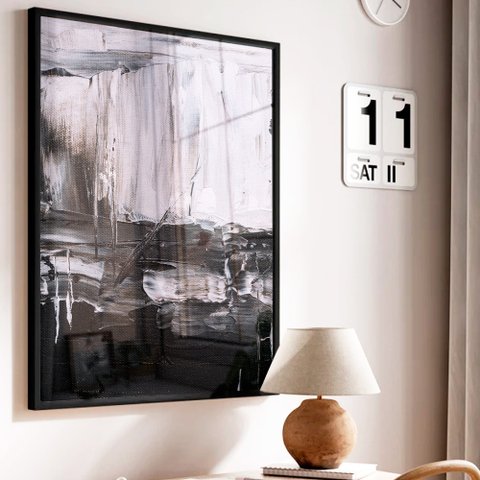 Quadro Decorativo Abstrato Black White em Moldura Caixa Tacolado Moldura Trad 1cm Preta com Vidro 40