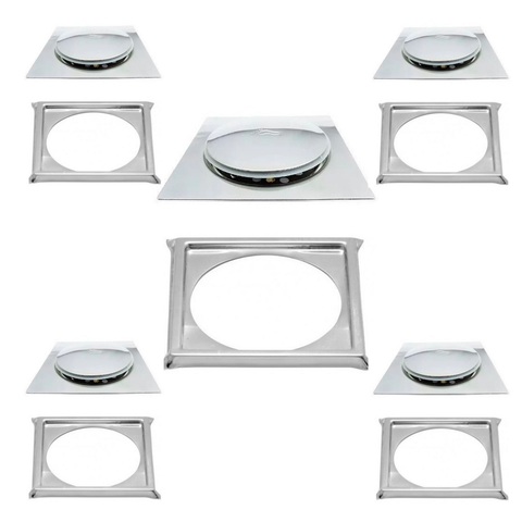 Kit C/5 Ralo e Porta Grelha Inox Piso Click Cromado 15x15 Cm