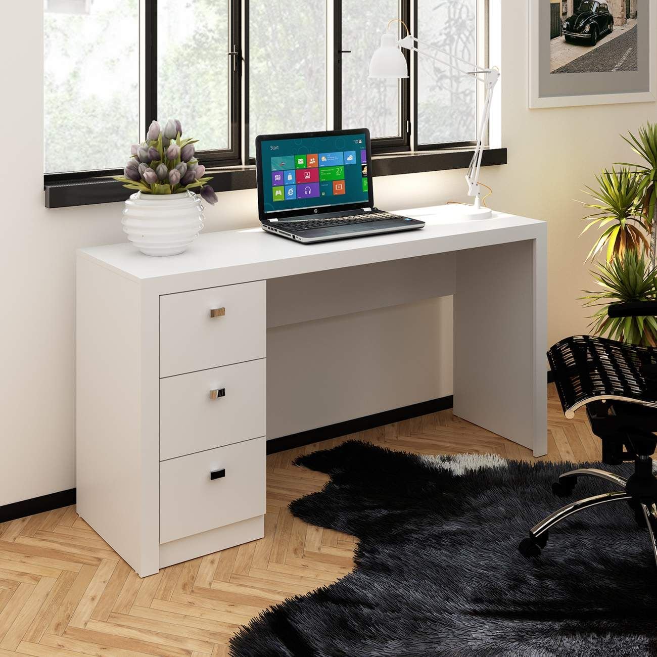 Mesa para Escritório ou Escrivaninha 1,36m com 3 Gavetas Várias Cores ...