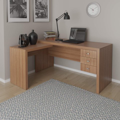 Mesa para Escritório de Canto 3 Gavetas Me4106 Tecno Mobili - Amêndoa