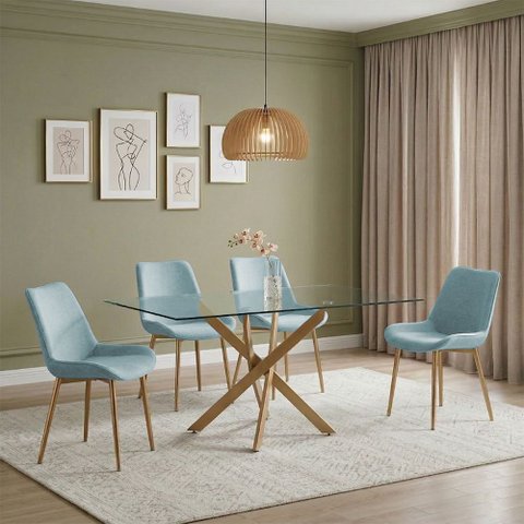 Conjunto Mesa de Jantar Lara 160cm Vidro 10mm Base Aço Carbono Bronze com 4 Cadeiras Linho - Verde