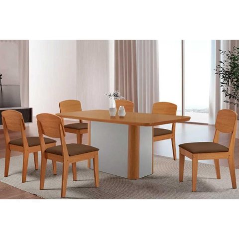 Sala de Jantar Completa Pietá C/ Tampo Madeirado Canto Curvo 180x90cm e 6 Cadeiras Havana Naturale/