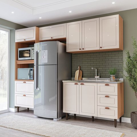 Cozinha Pérola 270cm Completa Modulada 4 Peças Off White/Freijó Yescasa
