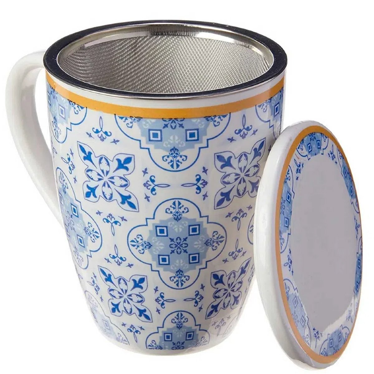 Jogo de Caneca Porcelana para Chá 310ml com Tampas e Infusor Inox