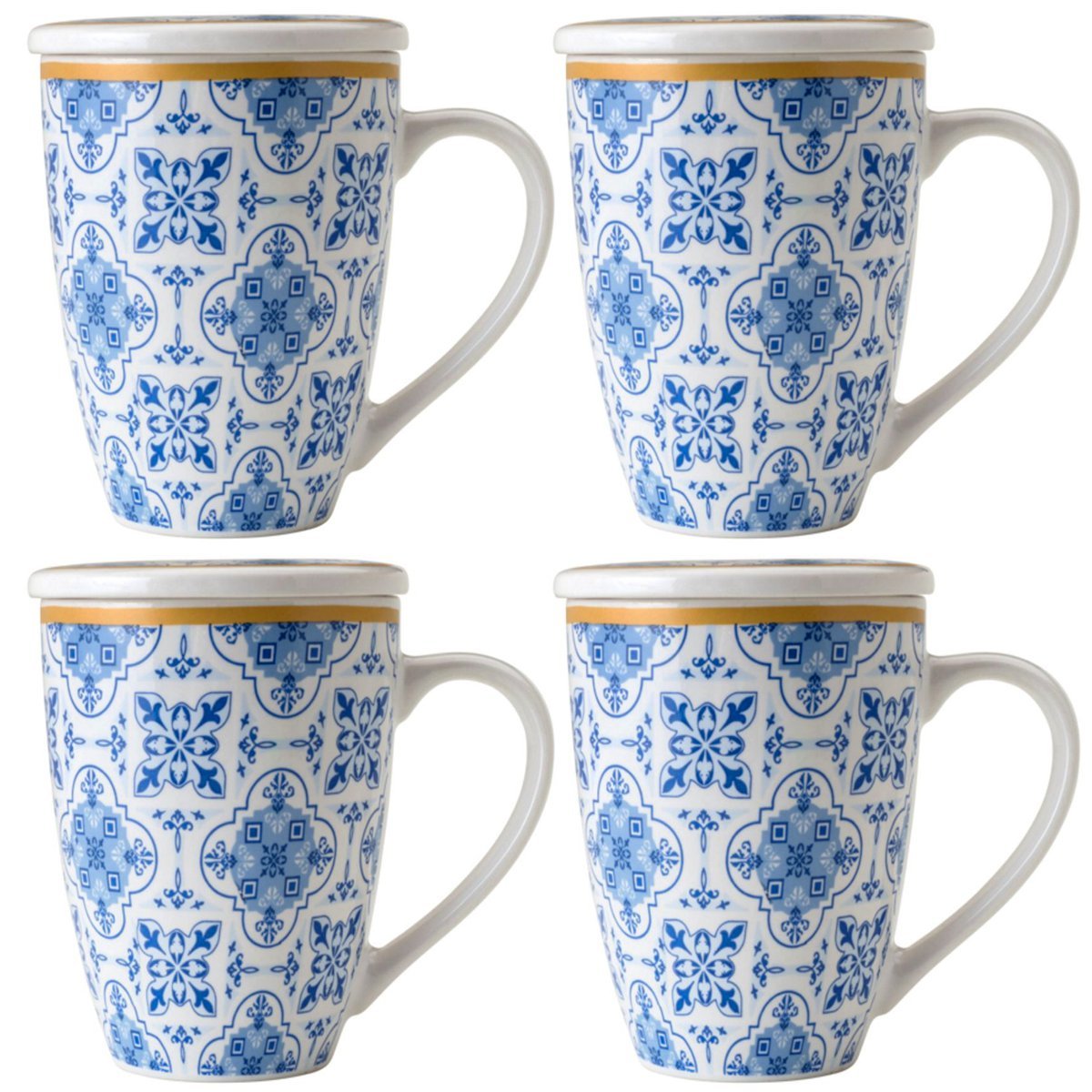 Jogo 4 Xícaras de Chá Porcelana Branca com Tampa e Infusor Inox 310ml Lisboa Lyor Azul