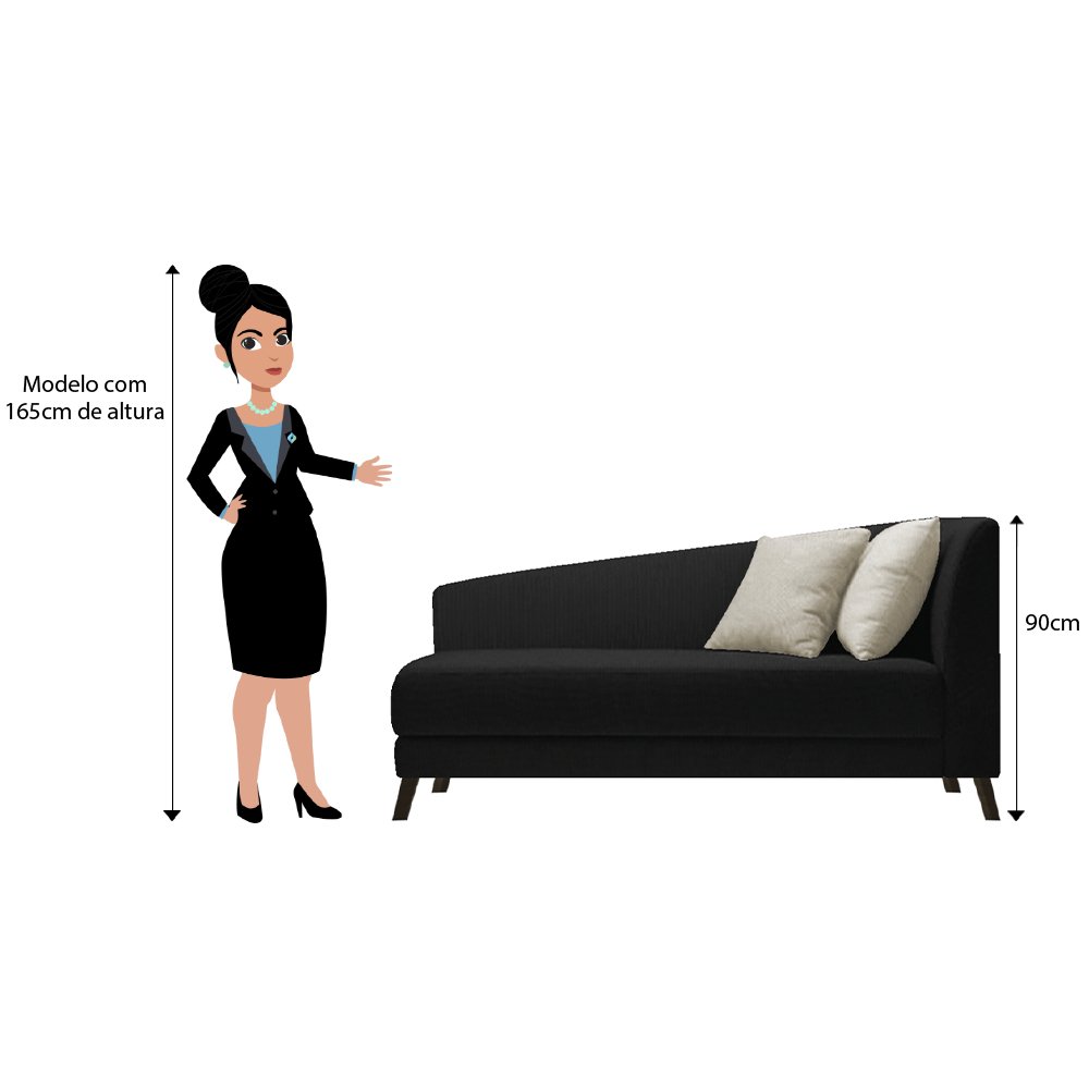 Recamier Heitor 160cm com Almofada Lado Esquerdo Suede - Doce Sonho Móveis - Preto/Bege - 3