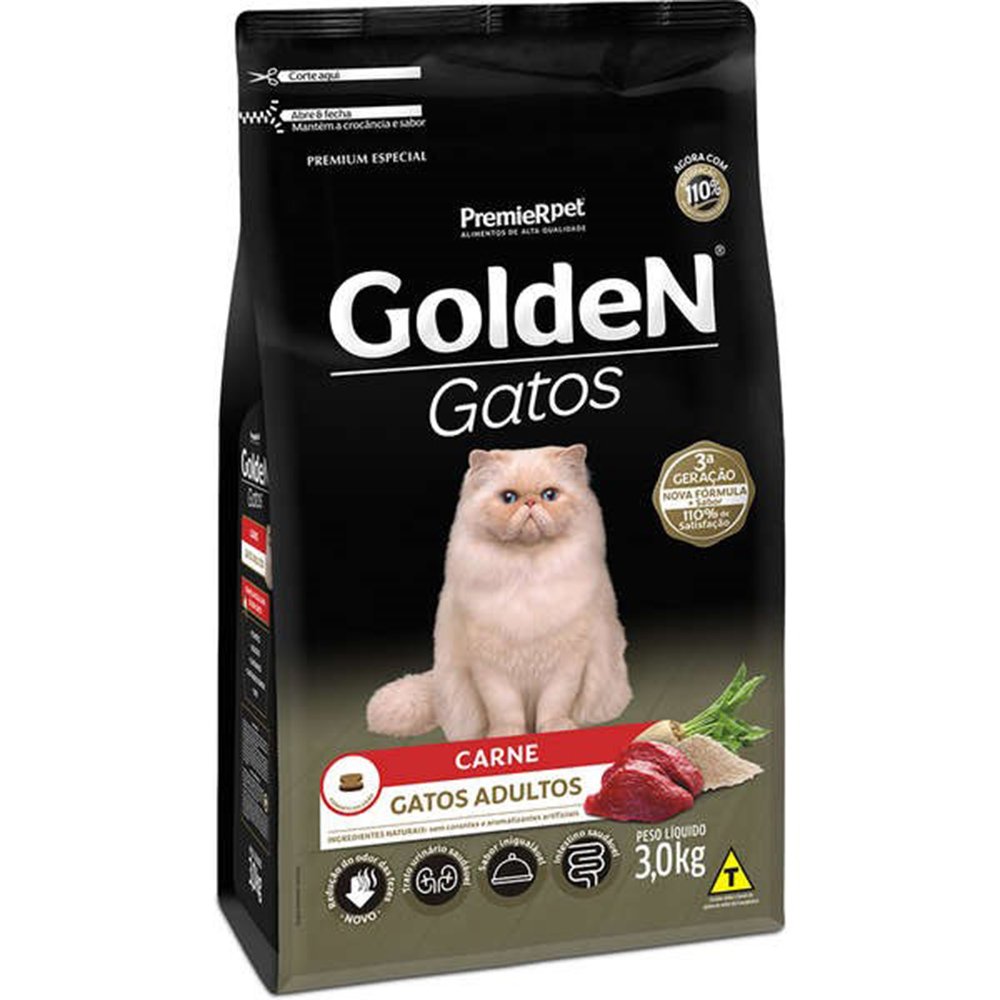 Ração Seca PremieR Pet Golden Gatos Adultos Carne 3kg Sem Corante Felino Porte Pequeno Médio Grande  - 1