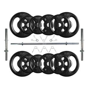 Kit com 40kg de Anilhas Ferro Fundido + Barras de Supino e Halteres