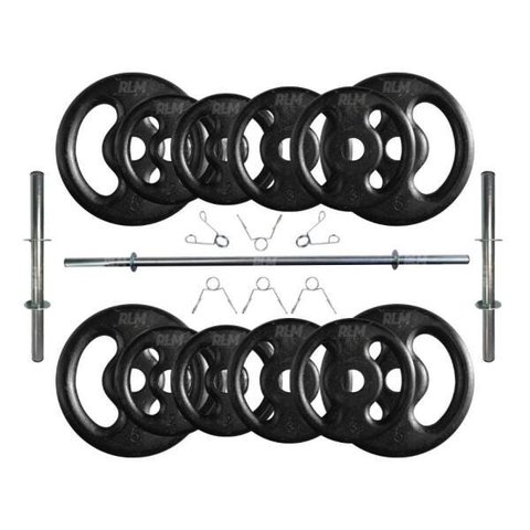 Kit com 40kg de Anilhas Ferro Fundido + Barras de Supino e Halteres
