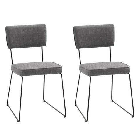 Conjunto Duas Cadeiras de Jantar Minimalista Roma Linho Cinza Base Aço Preto- Ooca Móveis