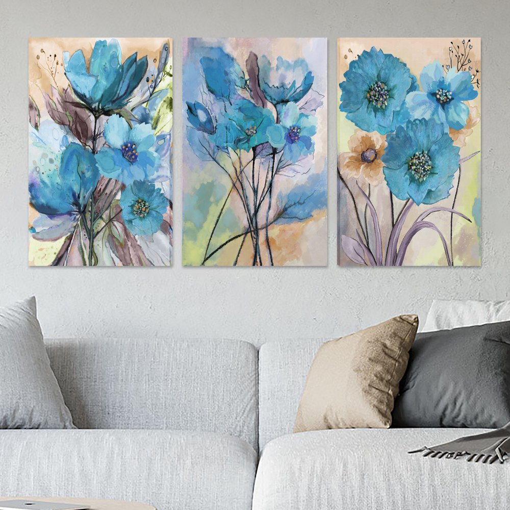 Conjunto 3 Quadros Decorativos Tela em Lona Flores Aquarelas 100x60cm para Sala Quarto