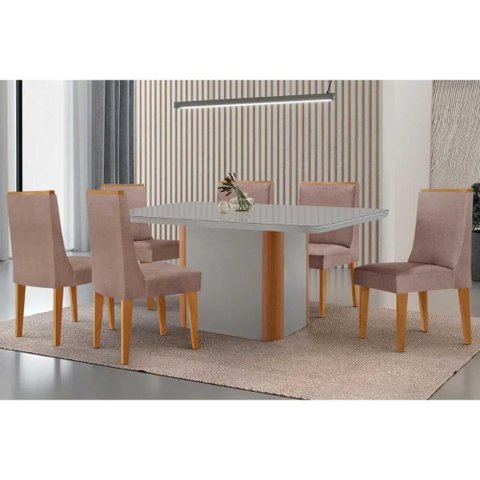 Conjunto: Mesa Sala Jantar Pietã¡ Curvo 180cm + 6 Cadeiras Dakota Madeira Naturale/off White -