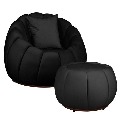 Kit Poltrona Base Giratória C/ Almofada e Puff Concha Veludo Cor Preto
