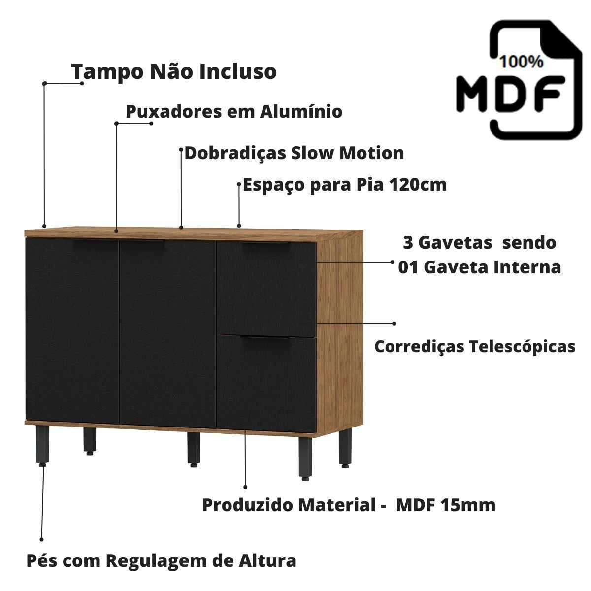 Balcão de Pia 120cm em MDF Lombardia - cor Freijó Nero - 3