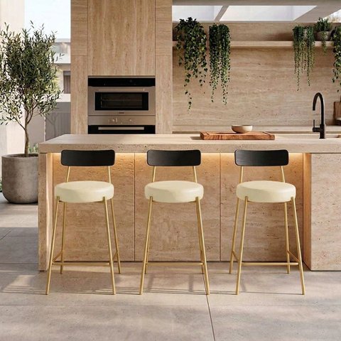 Banqueta Cozinha Média Encosto Preto KIT3 Industrial Dourado Londrina PU D03 - D'Rossi