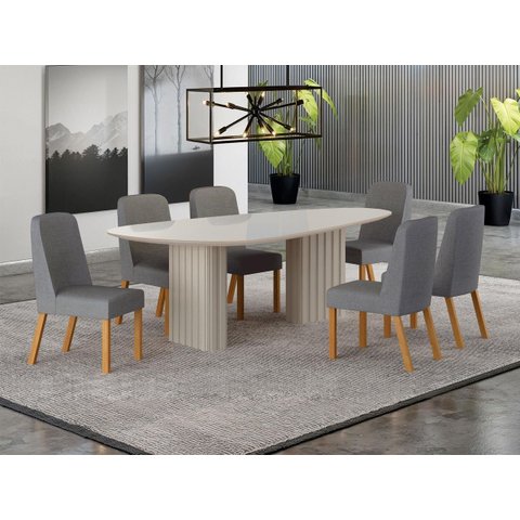 Conjunto Jantar 6 Cadeiras Maciça 2x1 Vdo Iza - Arbo Design- Off White Linho Cinza