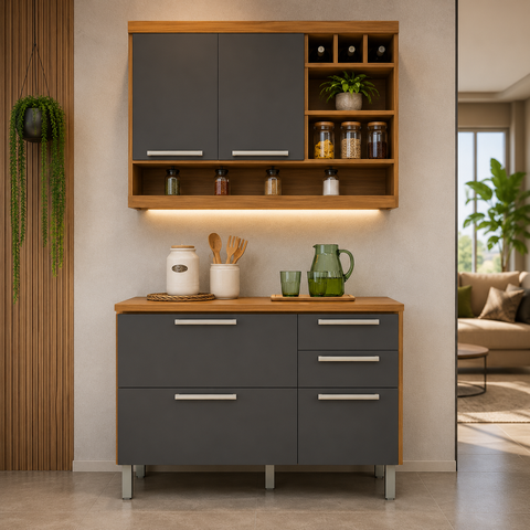 Cozinha Modulada Burguesa 100% MDF com Balcão Freijó/Cinza Grafite - Nesher