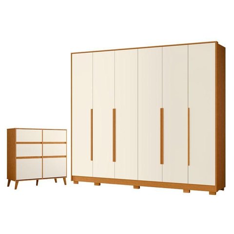 Guarda Roupa Casal Mercure 6 Portas e Cômoda Sapateira Dora 04 Gavetas e 02 Portas Basculantes
