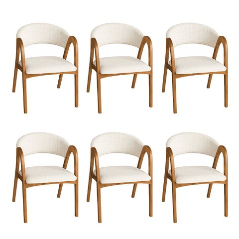 Kit 6 Cadeiras Valentina Madeira Maciça Cerejeira Encosto Anatômico em Linho Sala Design - Off-white