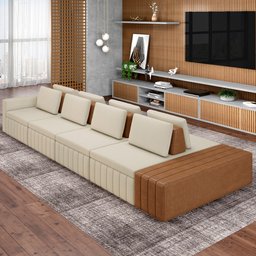 Sofá Ilha com Puff para Sala Living 465cm Amber M03 Linho Cru Couríssimo Whisky - Lyam Decor - 2