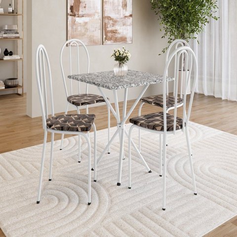 Conjunto Sala de Jantar Mesa Quadrada 70cm Tampo Granito com 4 Cadeiras Leia Branco/Palha/Ocre