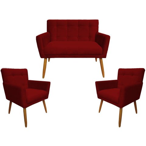 Kit Namoradeira + 2 Poltronas Decorativa Onix Suede Vermelho Pés Madeira Mz Decor