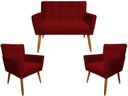 Ver imagem 1 de Kit Namoradeira + 2 Poltronas Decorativa Onix Suede Vermelho Pés Madeira Mz Decor