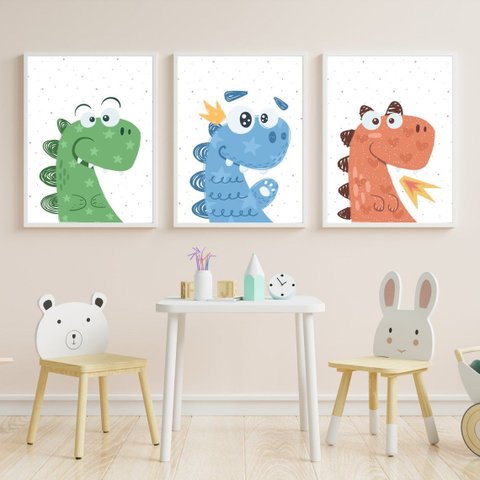 Kit 3 Quadros Dinossauros Coloridos Quarto Menino Infantil Bebê