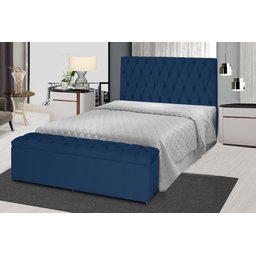 Kit Cabeceira 138Cm p/ Cama Box Casal + Baú 138Cm Calçadeira Estofada Jade Suede Azul Marinho - 1