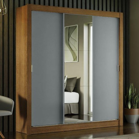 Guarda-roupa Casal Mônaco 3 Portas Com Espelho Rustic/Cinza