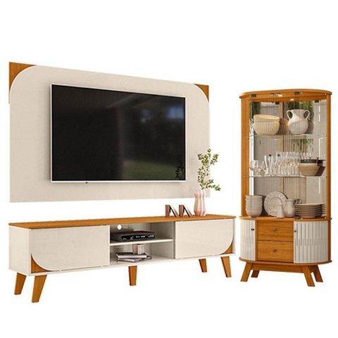 Rack Bancada e Painel para Tv Duna com Cristaleira Moss Cinamomo Off White - Madetec