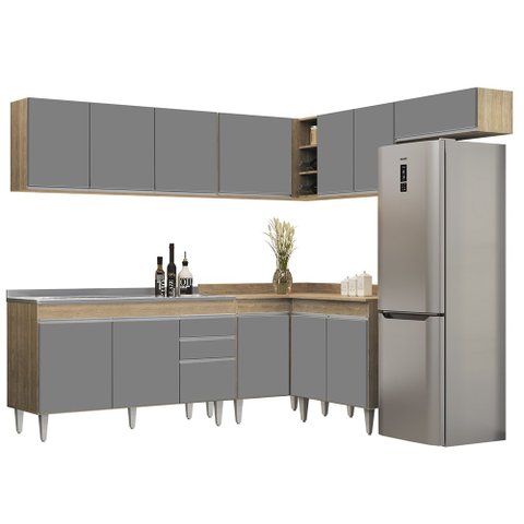 Armário de Cozinha Modulado de Canto 7 Peças Cp24 com Pia Inox Castanho/cinza - Lumil Lumil Móveis