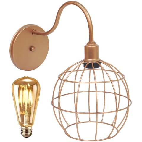 Luminária Arandela Parede Aramada Globo Industrial Retro + Lâmpada Led Vintage Cobre Rose Gold
