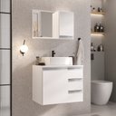 Ver imagem 1 de Conjunto Gabinete Banheiro Completo Prisma 60cm - Branco Inteiro com Tampo Vidro