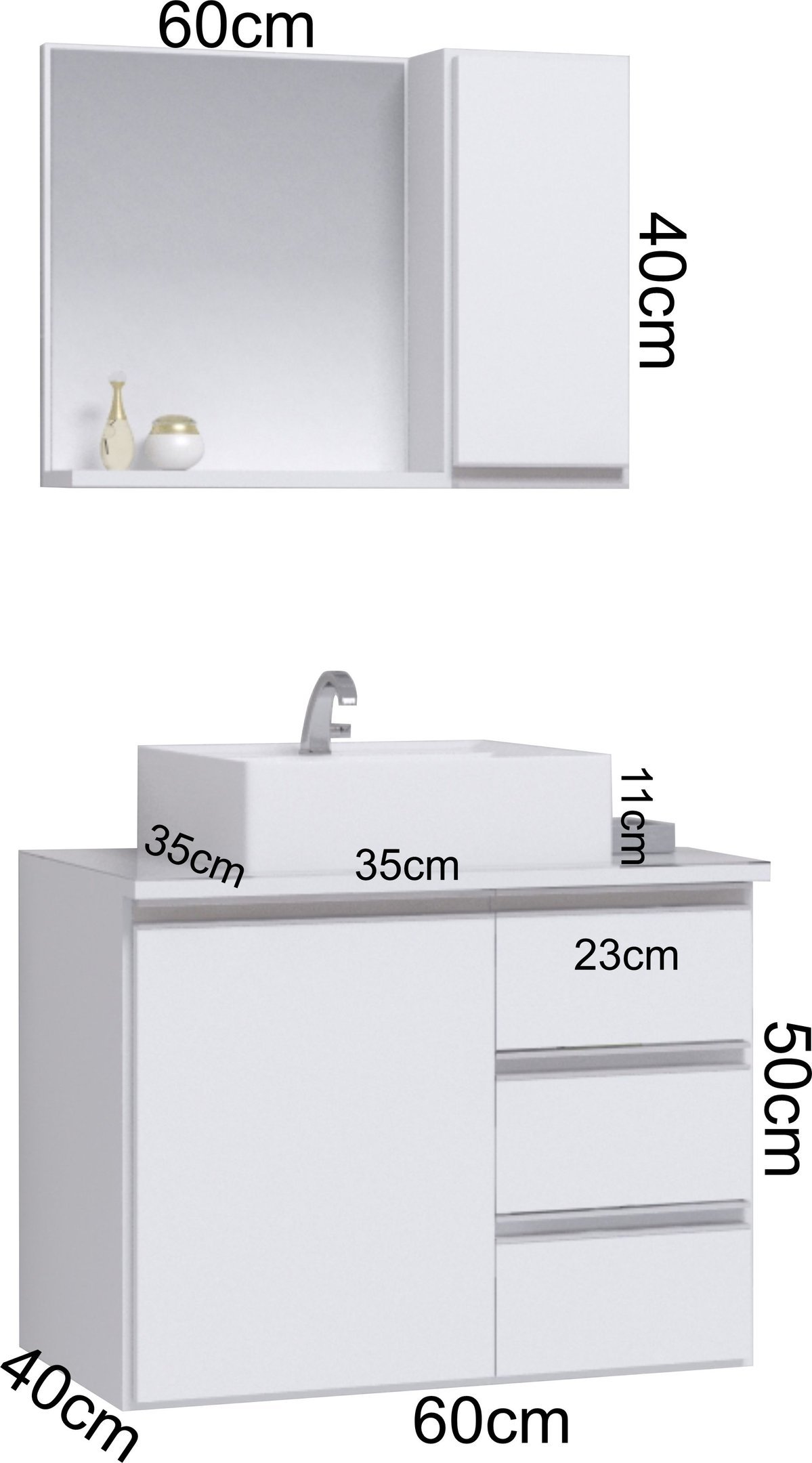 Conjunto Gabinete Banheiro Completo Prisma 60cm - Branco Inteiro COM TAMPO VIDRO - 3