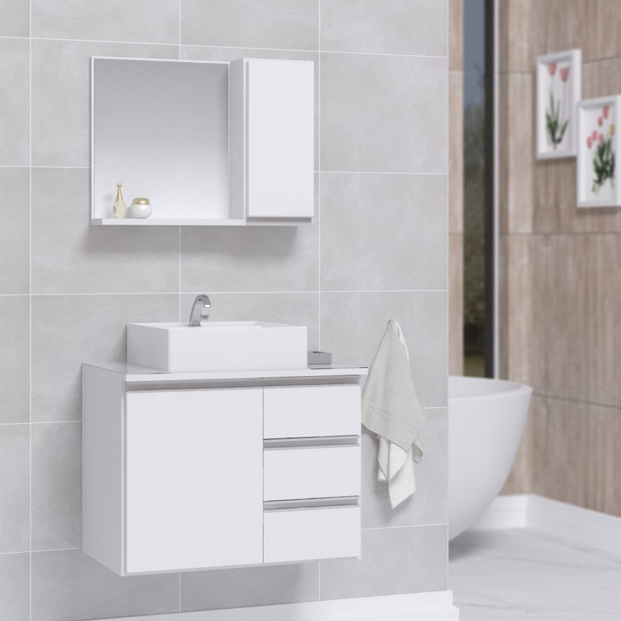 Conjunto Gabinete Banheiro Completo Prisma 60cm - Branco Inteiro COM TAMPO VIDRO