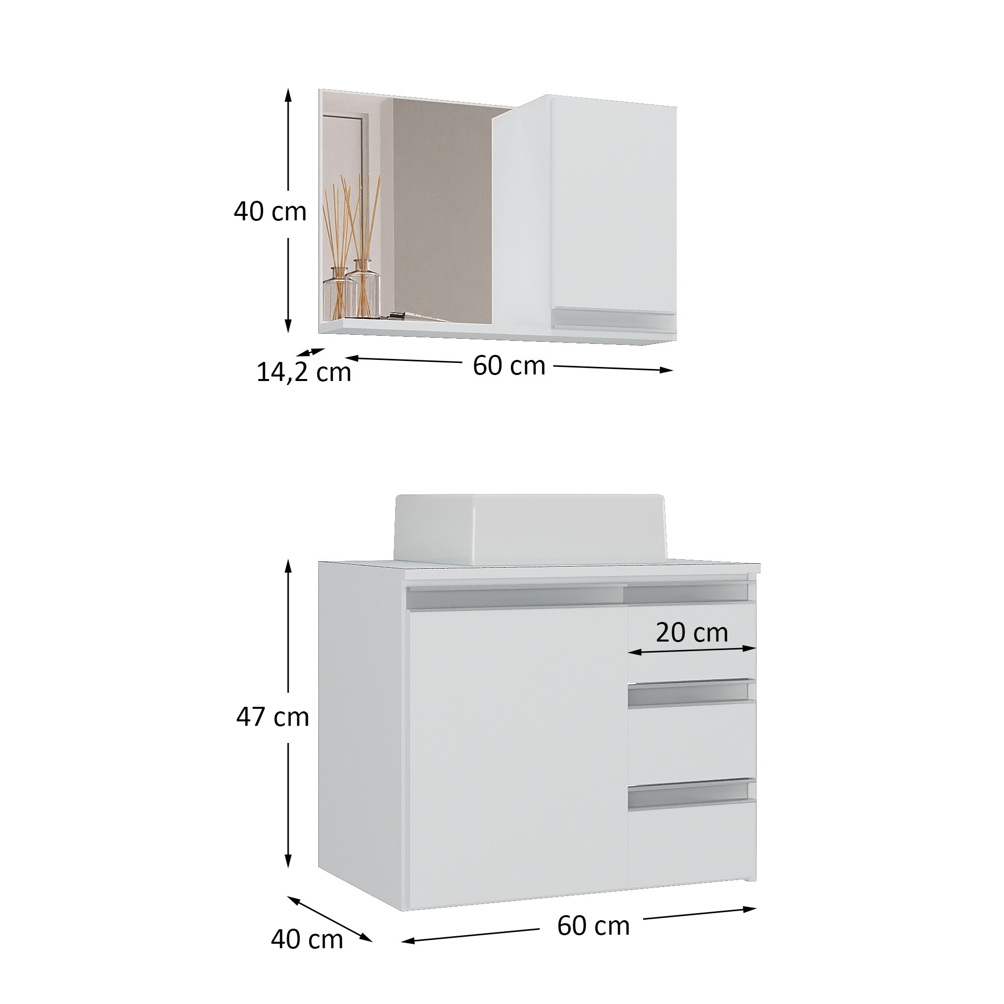 Conjunto Gabinete Banheiro Completo Prisma 60cm - Branco Inteiro com Tampo Vidro - 6