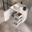 Ver imagem 3 de Conjunto Gabinete Banheiro Completo Prisma 60cm - Branco Inteiro com Tampo Vidro