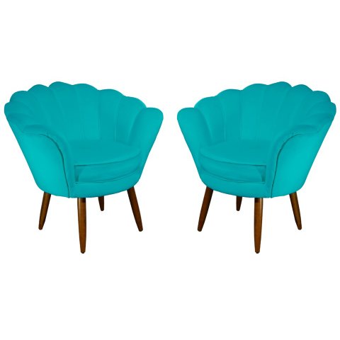 Kit 2 Poltronas Decorativa Pétala Suede Azul Tifany Pés Madeira Mz Decor
